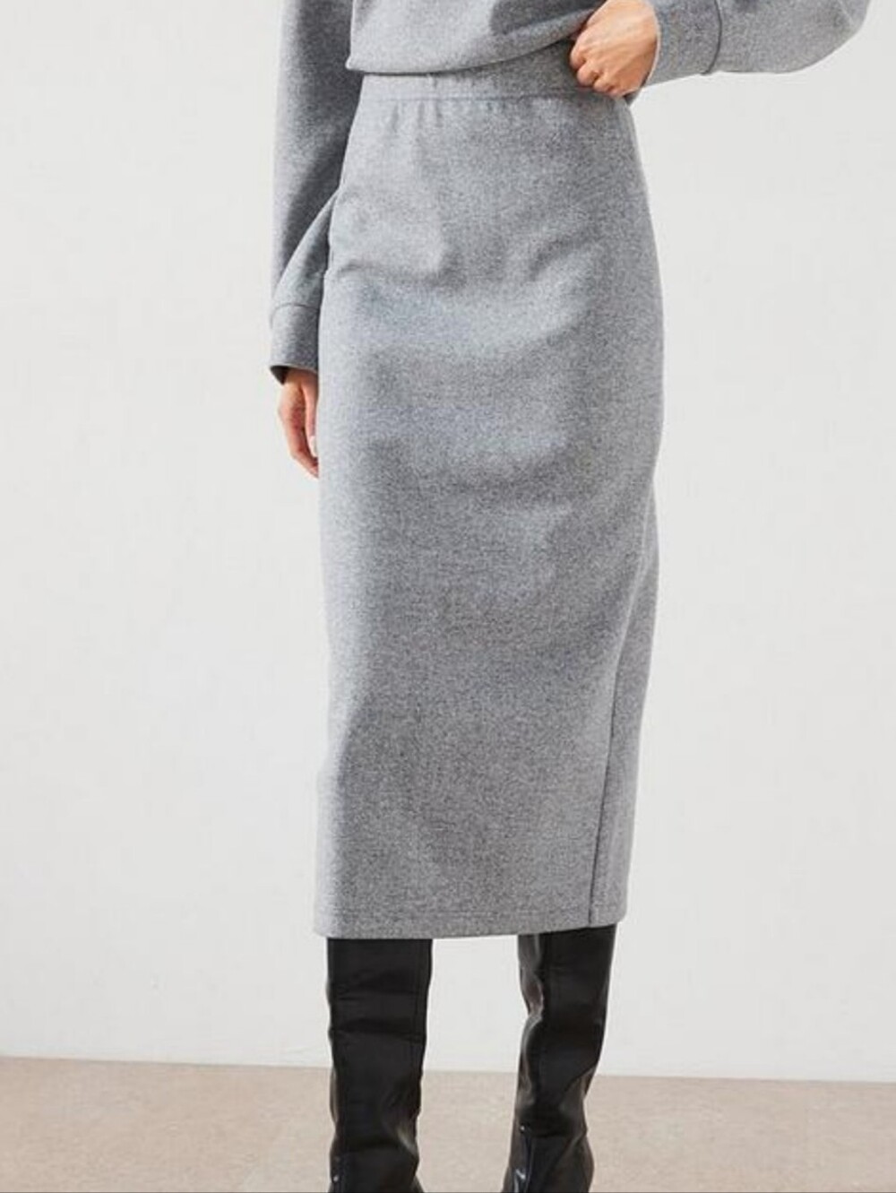 Mango Midi Pencil Skirt Gray Flannel Fleece Look Normcore Minimalist Cozy Girl L